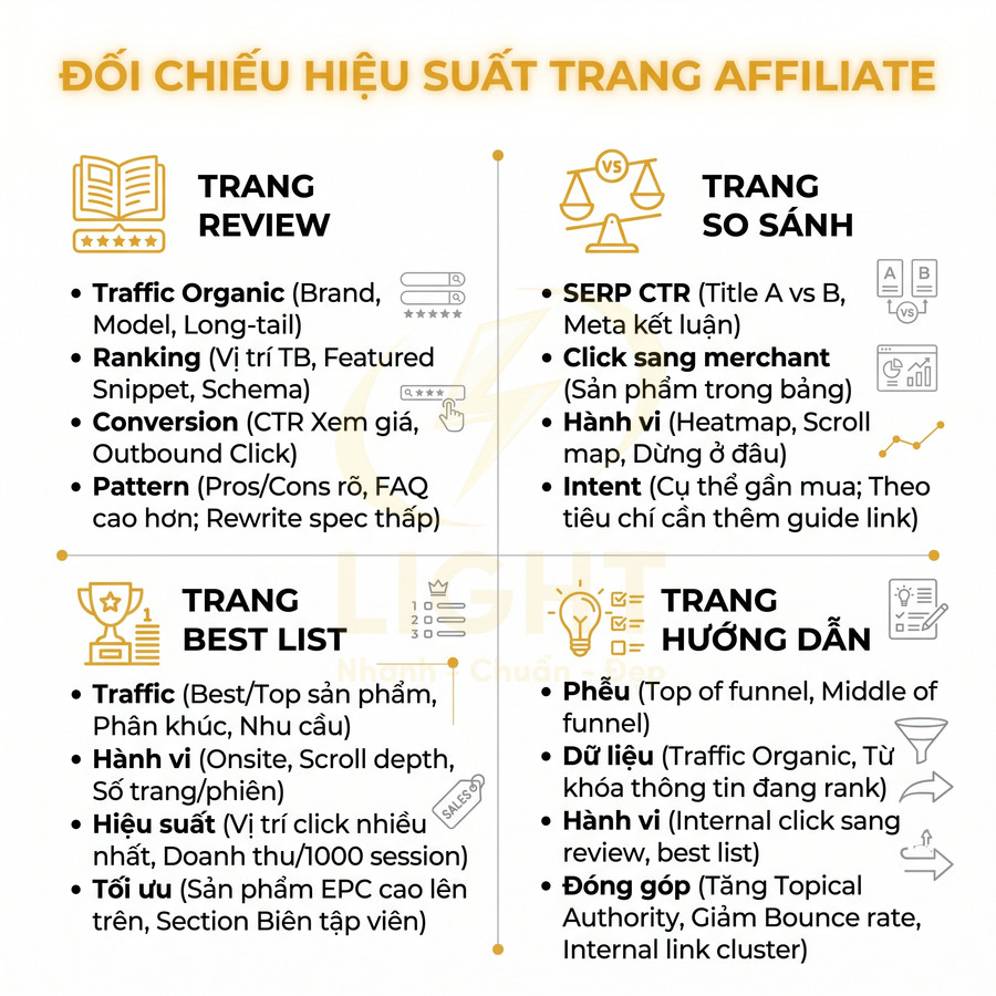 Bảng so sánh hiệu suất các loại trang affiliate gồm trang review, so sánh, best list và trang hướng dẫn
