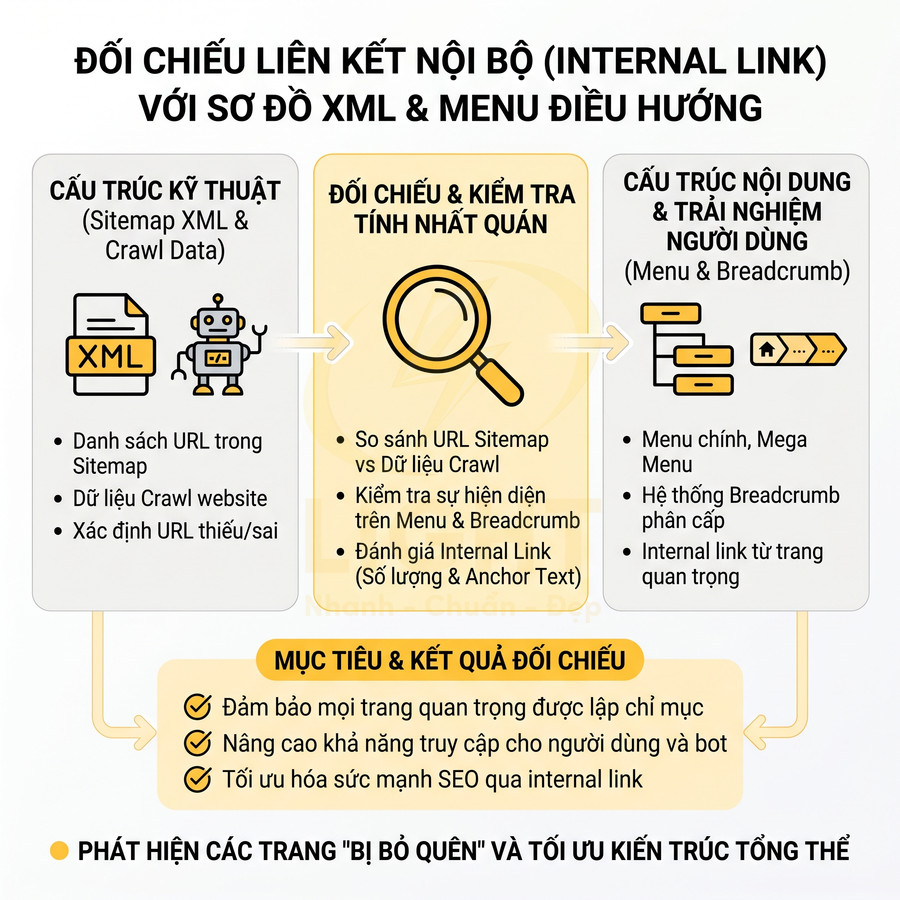 Sơ đồ quy trình đối chiếu internal link với sitemap XML và menu điều hướng để tối ưu SEO website