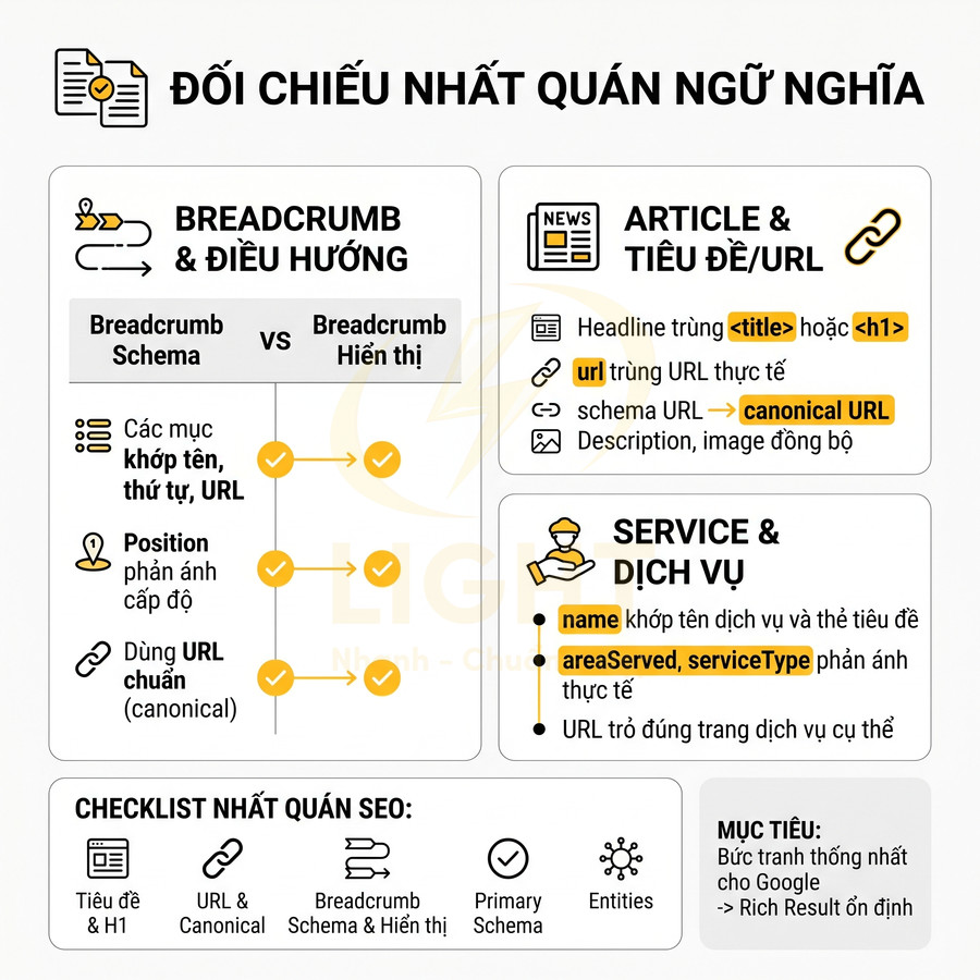 Infographic hướng dẫn đối chiếu nhất quán ngữ nghĩa SEO với breadcrumb, article URL và service schema