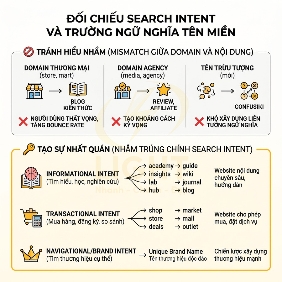 Infographic đối chiếu search intent với trường ngữ nghĩa tên miền và gợi ý đặt domain chuẩn SEO