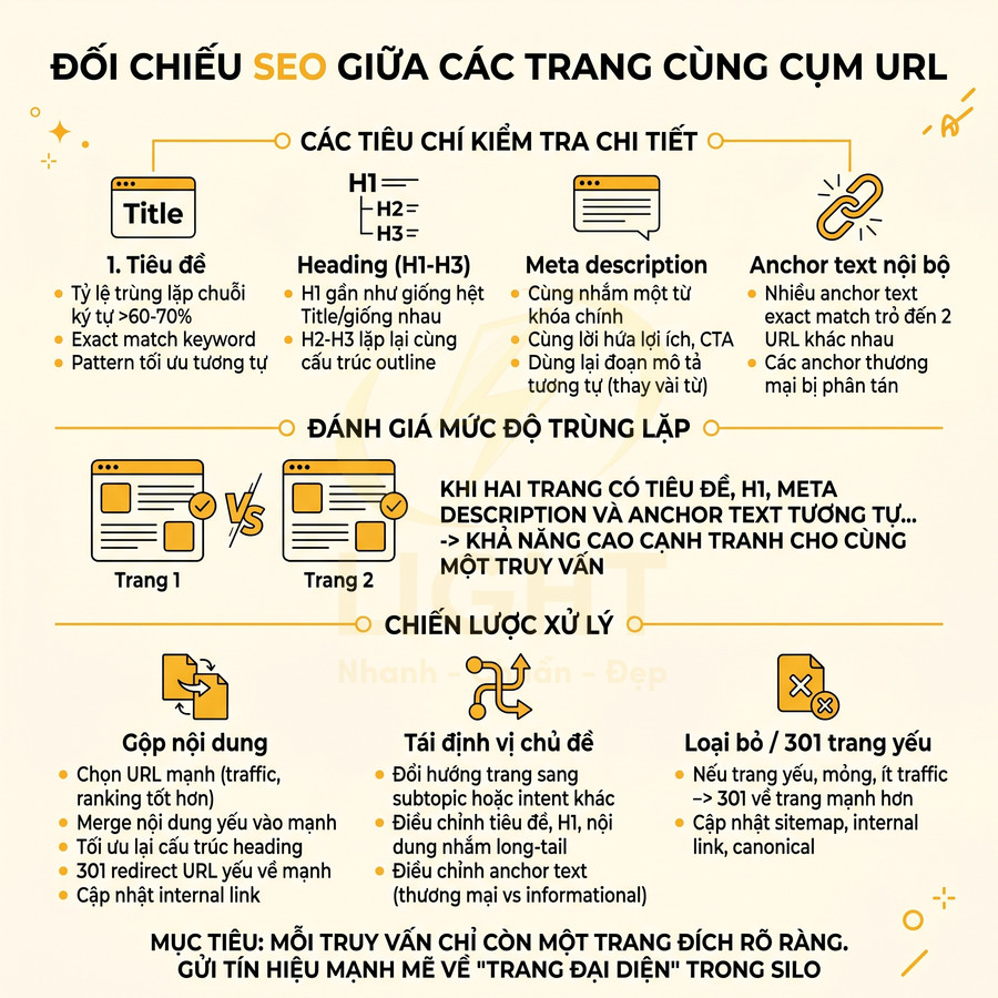 Infographic hướng dẫn đối chiếu SEO giữa các trang cùng cụm URL và chiến lược xử lý nội dung trùng lặp