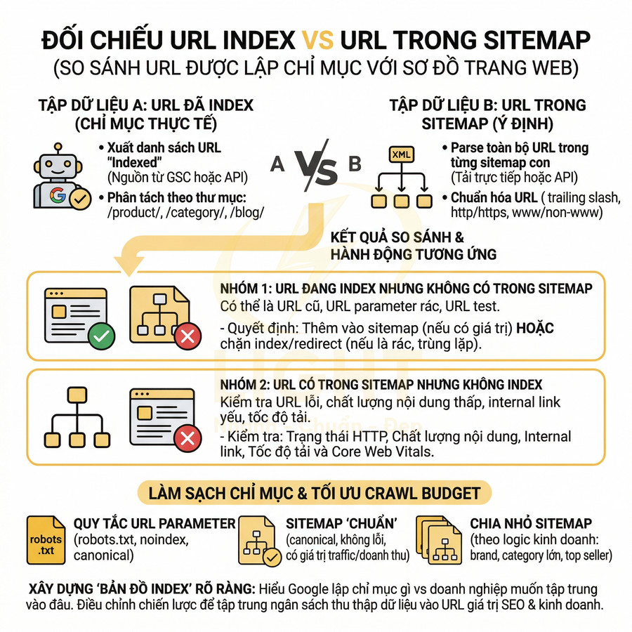 Infographic hướng dẫn đối chiếu URL index với URL trong sitemap để tối ưu lập chỉ mục và crawl budget cho website SEO