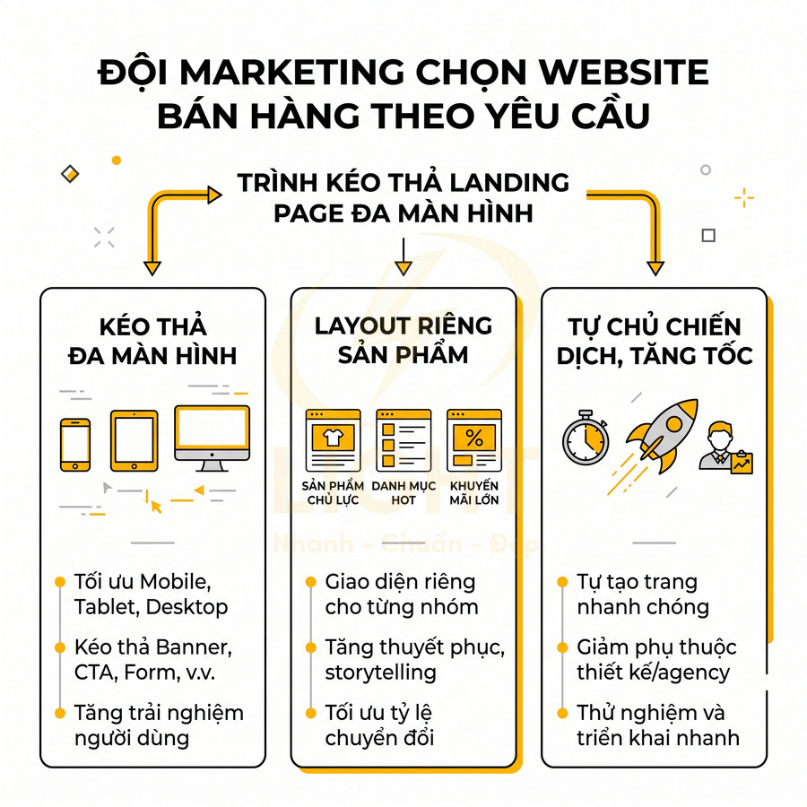 Infographic giới thiệu website bán hàng theo yêu cầu với trình kéo thả landing page đa màn hình và layout riêng cho sản phẩm