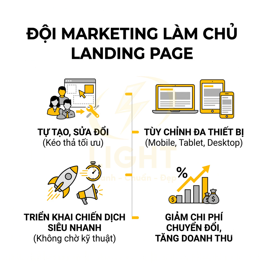 Ưu điểm công cụ tạo landing page cho đội marketing tự chỉnh sửa, đa thiết bị, triển khai nhanh, giảm chi phí tăng doanh thu