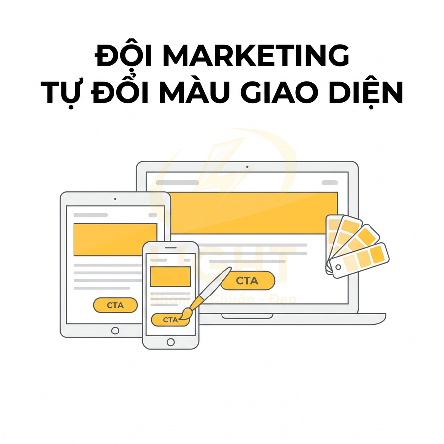 Minh họa đội marketing tự đổi màu giao diện CTA trên laptop, máy tính bảng và điện thoại di động
