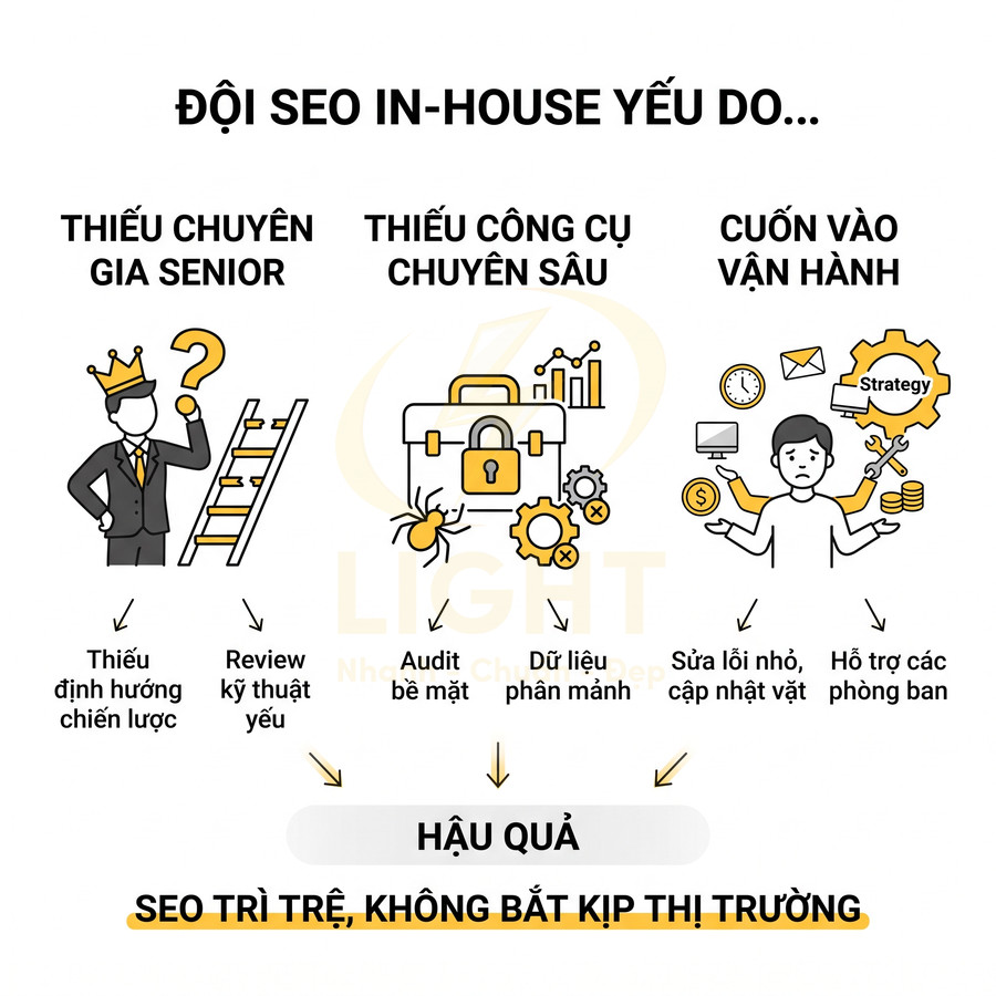 Minh họa lý do đội SEO inhouse yếu và hậu quả SEO trì trệ không bắt kịp thị trường