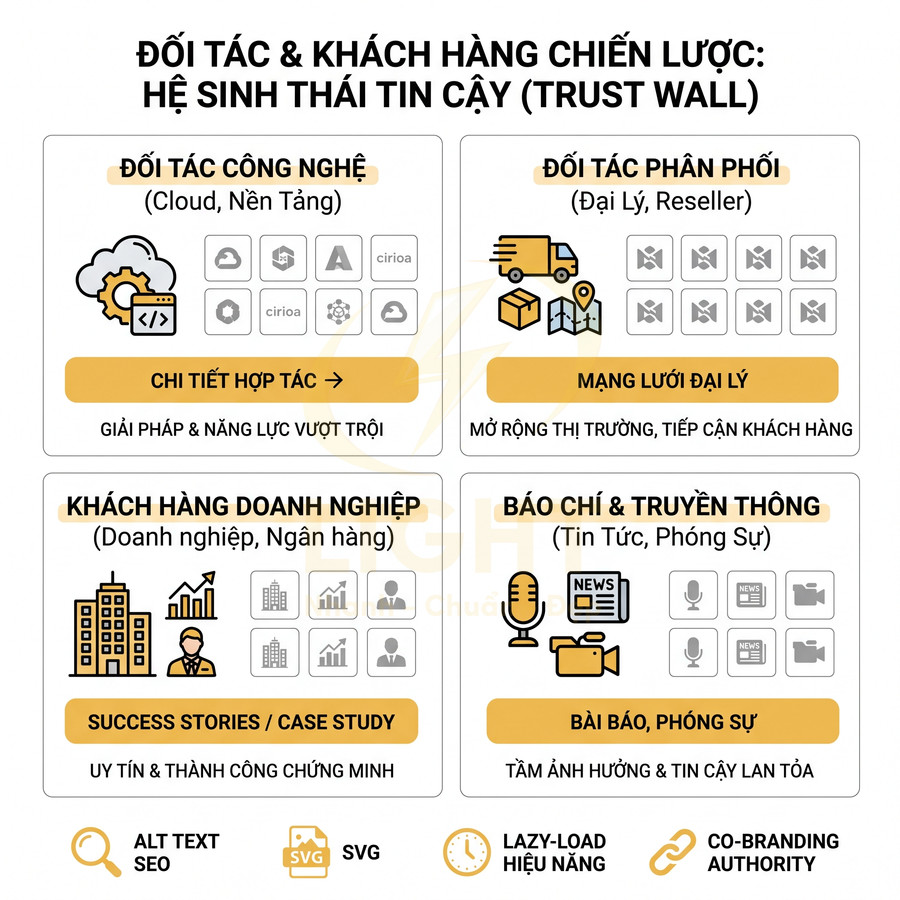 Mô hình hệ sinh thái đối tác và khách hàng chiến lược trust wall với công nghệ, phân phối, doanh nghiệp, báo chí