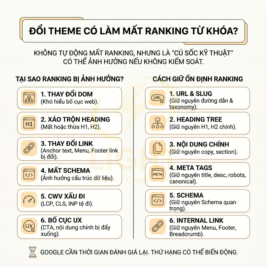 Infographic hướng dẫn giữ ổn định ranking SEO khi đổi theme website với các yếu tố kỹ thuật cần lưu ý