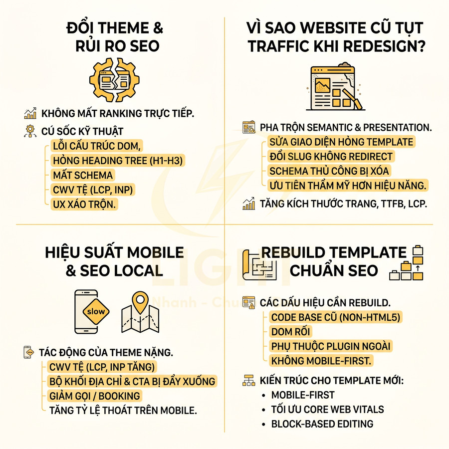 Infographic về rủi ro SEO khi đổi theme website, hiệu suất mobile, lý do tụt traffic và lợi ích rebuild template chuẩn SEO