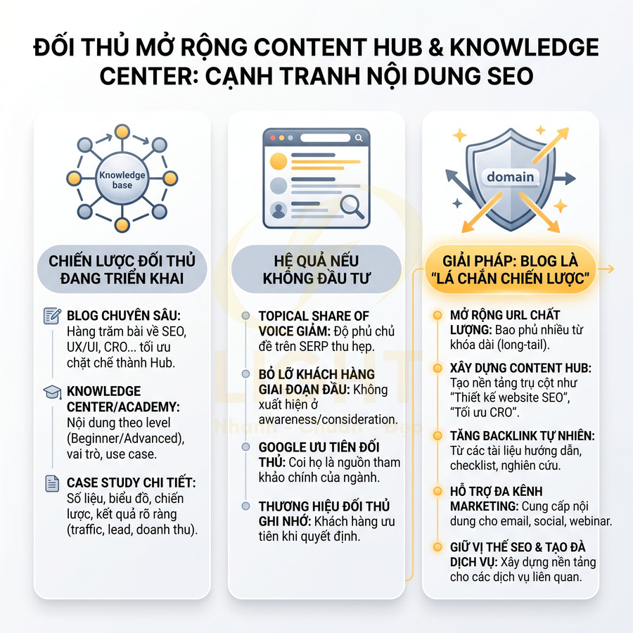 Infographic chiến lược content hub và knowledge center cho blog SEO, nêu rủi ro không đầu tư và giải pháp tăng traffic, thương hiệu