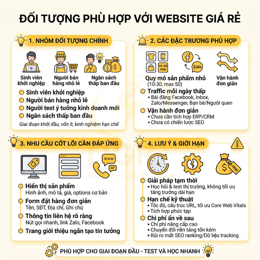 Infographic đối tượng phù hợp sử dụng website giá rẻ cho sinh viên, người bán hàng nhỏ lẻ, kinh doanh online mới