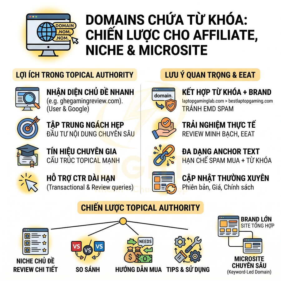 Infographic chiến lược SEO domain chứa từ khóa cho affiliate, niche site và microsite, tối ưu topical authority và EEAT