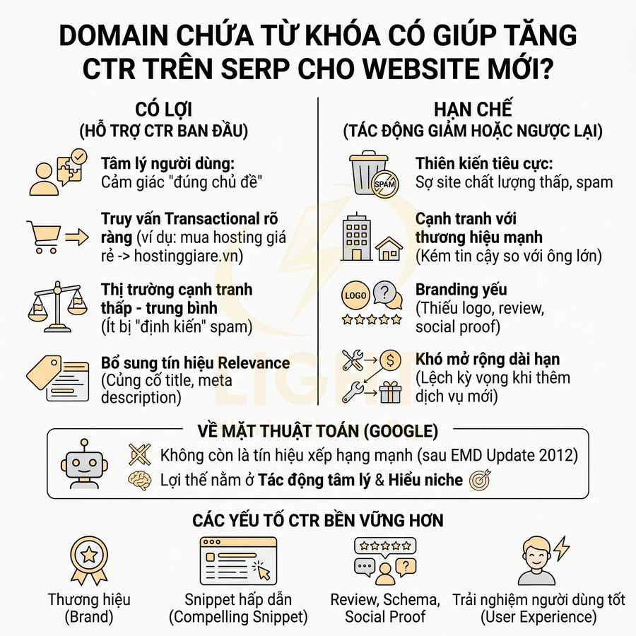 Infographic phân tích lợi ích, hạn chế của domain chứa từ khóa với CTR SEO và các yếu tố CTR bền vững