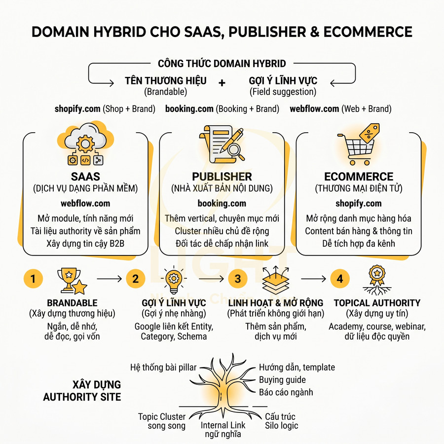Mô hình domain hybrid cho SaaS, publisher và ecommerce với ví dụ webflow, booking, shopify và quy trình xây dựng authority site
