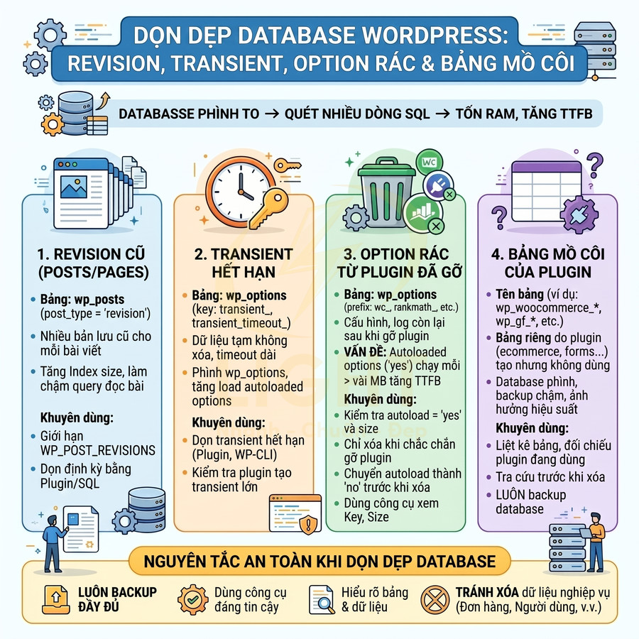 Hướng dẫn dọn dẹp database WordPress: xóa revision cũ, transient hết hạn, option rác và bảng mồ côi plugin