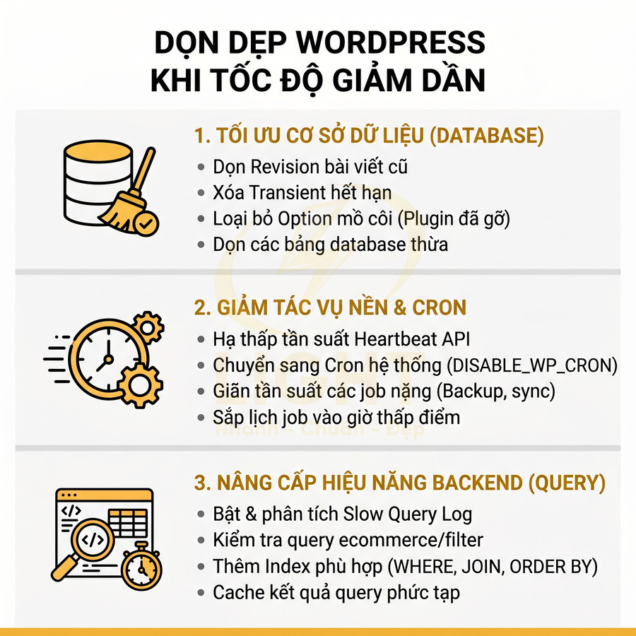 Hướng dẫn dọn dẹp tối ưu WordPress khi tốc độ giảm dần với các bước cho database, cron và query backend