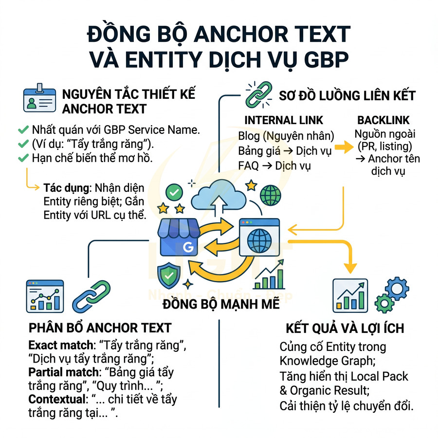 Infographic hướng dẫn đồng bộ anchor text và entity dịch vụ GBP để tối ưu liên kết và cải thiện hiệu quả SEO