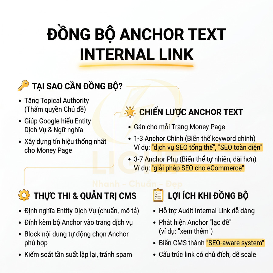 Hướng dẫn đồng bộ anchor text internal link trong SEO với lý do, chiến lược, cách triển khai và lợi ích chi tiết