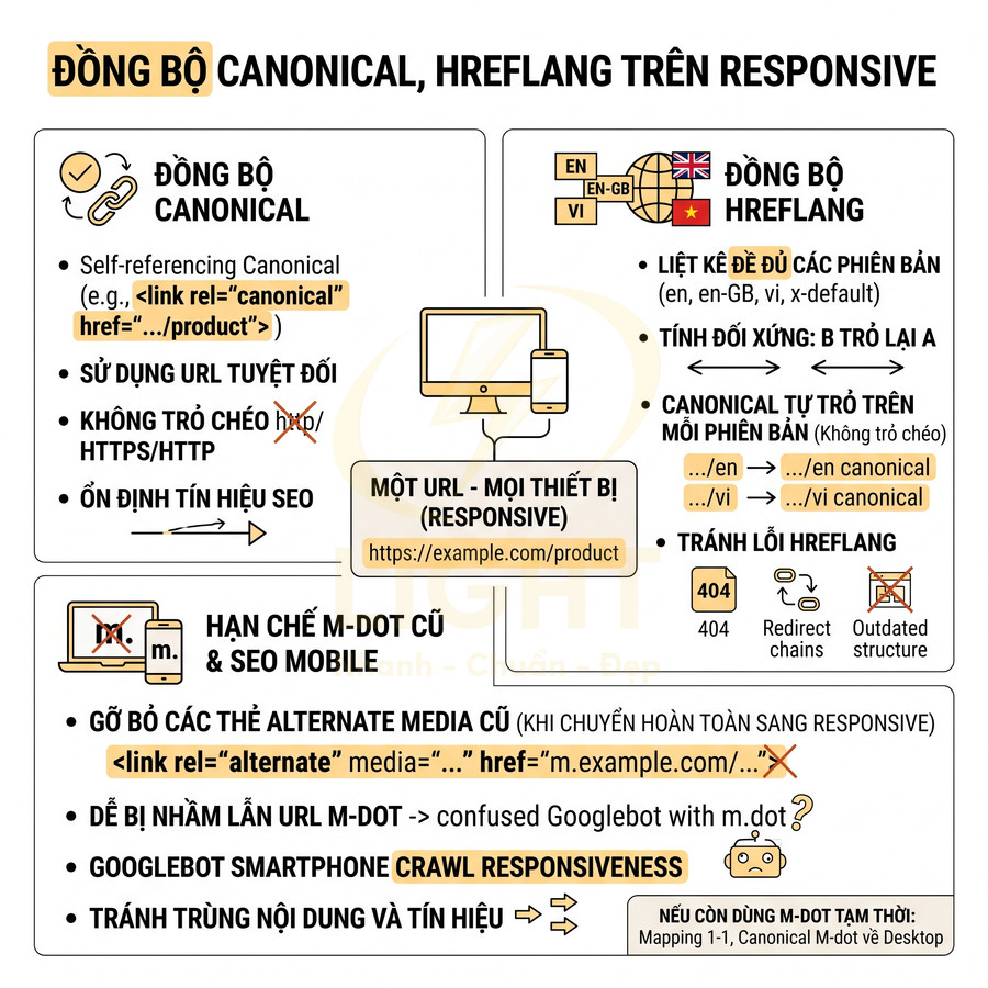 Hướng dẫn đồng bộ canonical và hreflang cho website responsive, hạn chế m-dot cũ và tối ưu SEO mobile