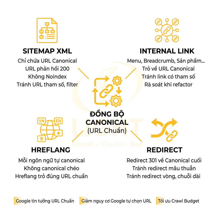 Infographic hướng dẫn đồng bộ URL canonical với sitemap XML, internal link, hreflang và redirect trong SEO