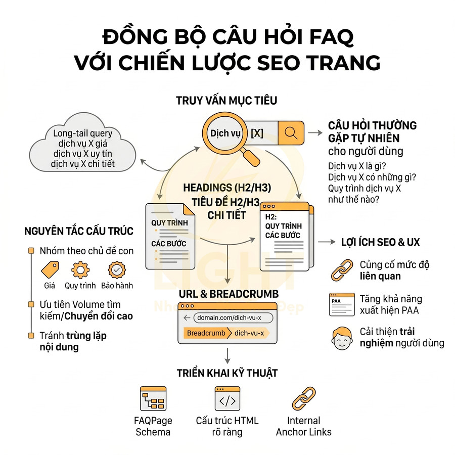 Infographic hướng dẫn đồng bộ câu hỏi FAQ với chiến lược trang SEO, tối ưu headings, URL và trải nghiệm người dùng