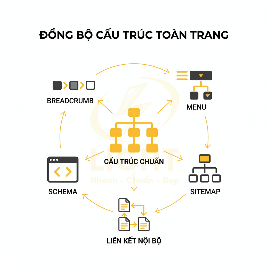 Sơ đồ đồng bộ cấu trúc toàn trang với cấu trúc chuẩn, menu, breadcrumb, schema, sitemap và liên kết nội bộ