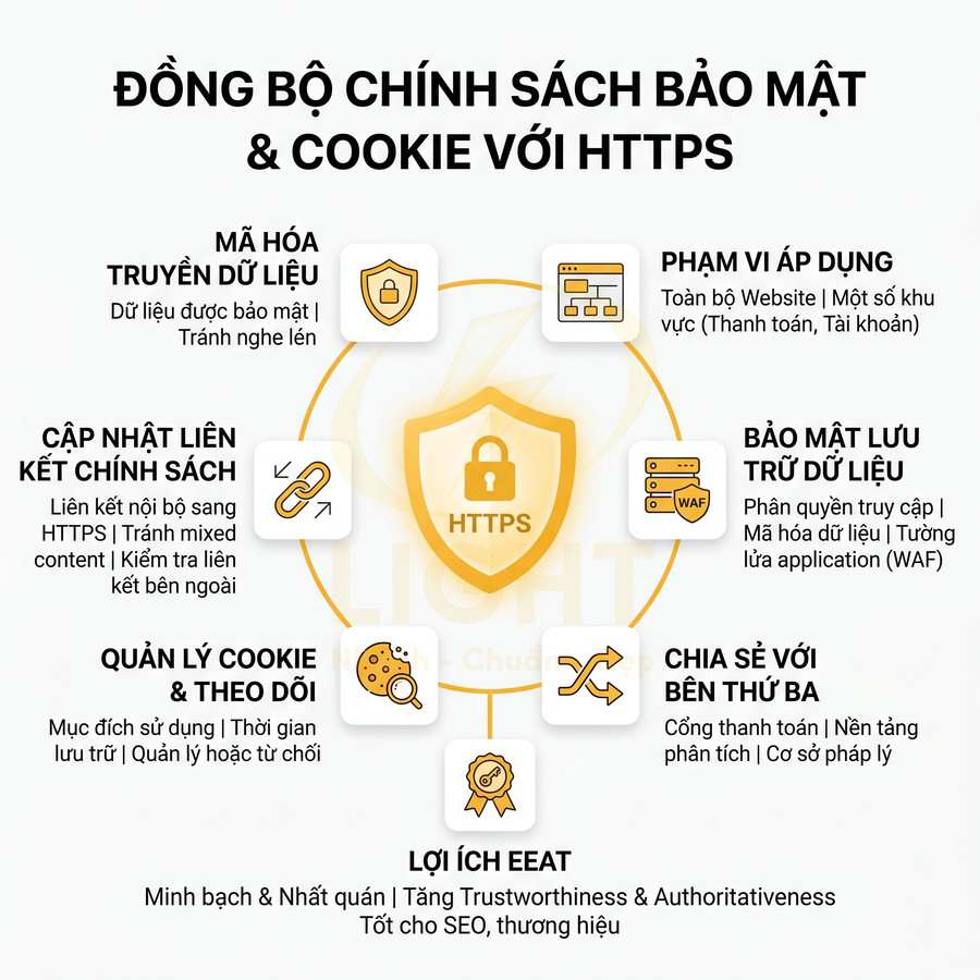 Infographic đồng bộ chính sách bảo mật và cookie với HTTPS, nêu lợi ích mã hóa, quản lý cookie, bảo mật dữ liệu, chia sẻ bên thứ ba