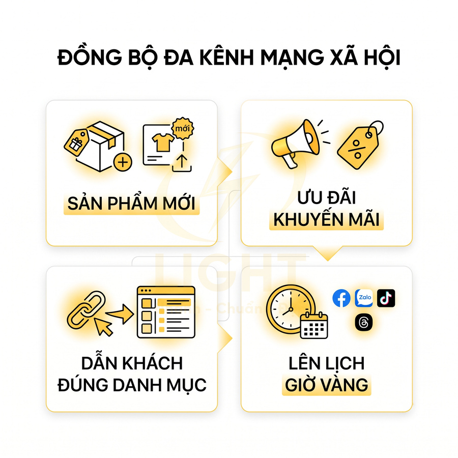 Đồng bộ đa kênh mạng xã hội với sản phẩm mới ưu đãi khuyến mãi dẫn khách đúng danh mục và lên lịch giờ vàng