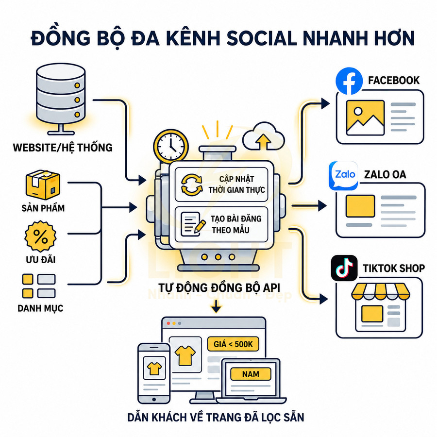 Mô tả quy trình tự động đồng bộ sản phẩm website lên Facebook, Zalo OA, TikTok Shop và dẫn khách về trang lọc sẵn
