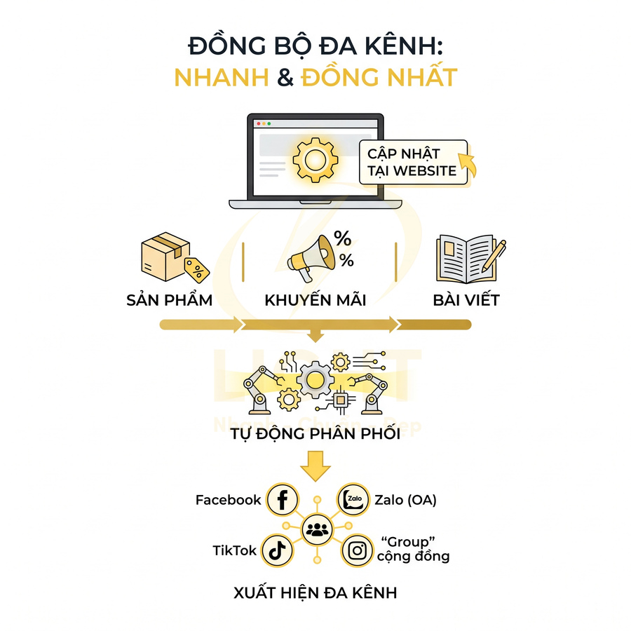 Mô hình đồng bộ sản phẩm khuyến mãi bài viết từ website và tự động phân phối lên Facebook Zalo TikTok Instagram