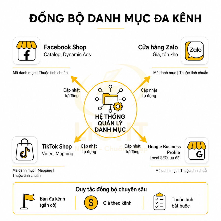 Sơ đồ hệ thống quản lý danh mục đồng bộ sản phẩm lên Facebook Shop Zalo TikTok Shop Google Business Profile