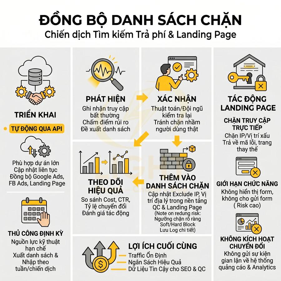 Infographic quy trình đồng bộ danh sách chặn cho chiến dịch tìm kiếm trả phí và tối ưu landing page