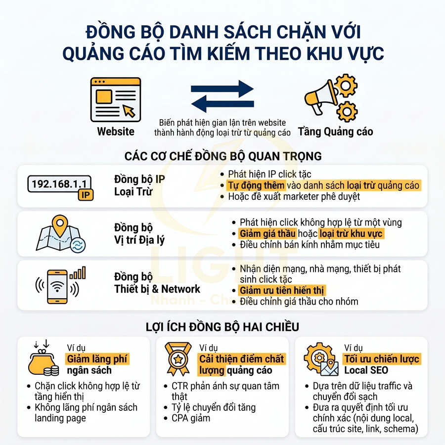 Infographic đồng bộ danh sách chặn với quảng cáo tìm kiếm theo khu vực, nêu cơ chế và lợi ích chống click tặc