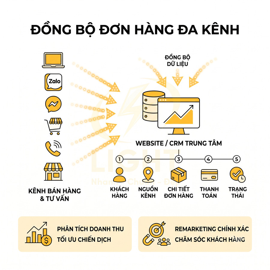 Mô hình đồng bộ đơn hàng đa kênh vào website CRM trung tâm để phân tích doanh thu và chăm sóc khách hàng