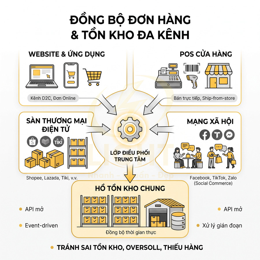 Sơ đồ giải pháp đồng bộ đơn hàng và tồn kho đa kênh từ website, sàn thương mại điện tử, POS và mạng xã hội