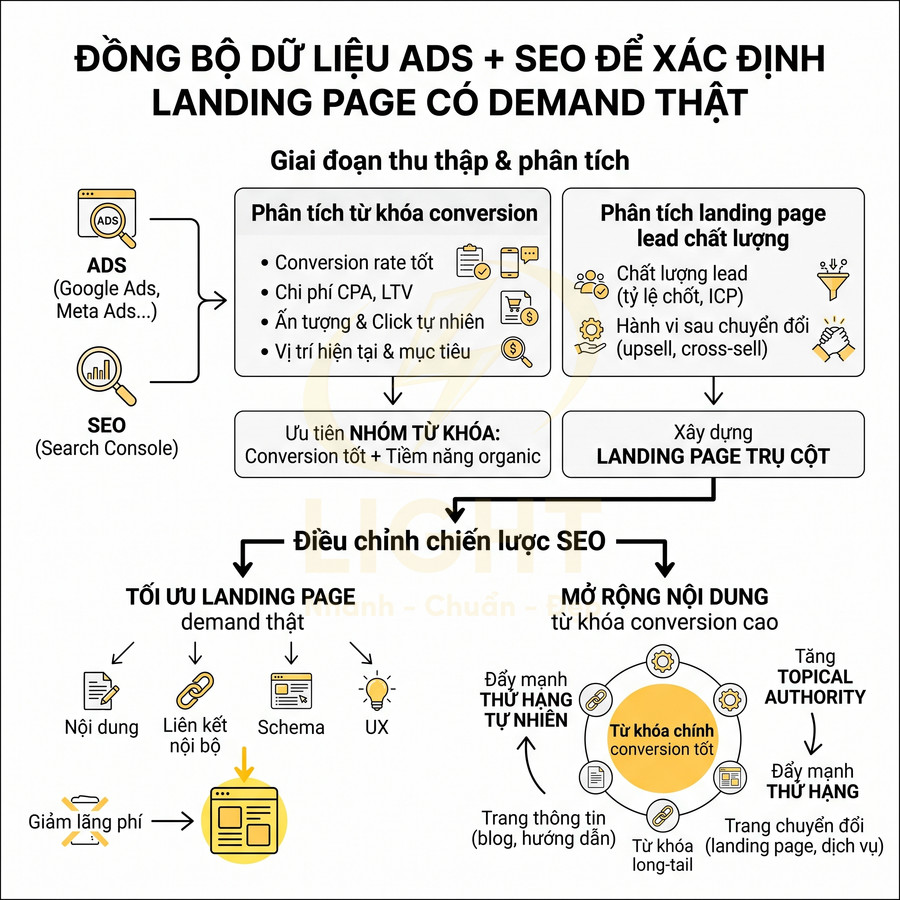 Sơ đồ quy trình đồng bộ dữ liệu quảng cáo và SEO để tối ưu landing page có nhu cầu thực
