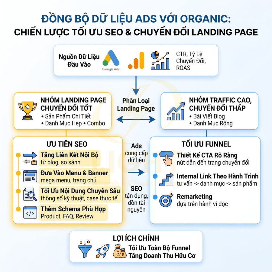 Sơ đồ chiến lược đồng bộ dữ liệu Google Ads với SEO để tối ưu chuyển đổi landing page và tăng doanh thu hữu cơ