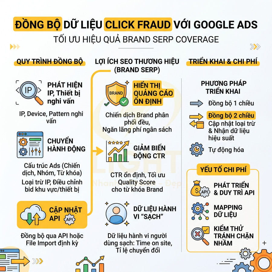 Infographic đồng bộ dữ liệu click fraud với Google Ads tối ưu hiệu quả quảng cáo và SEO thương hiệu