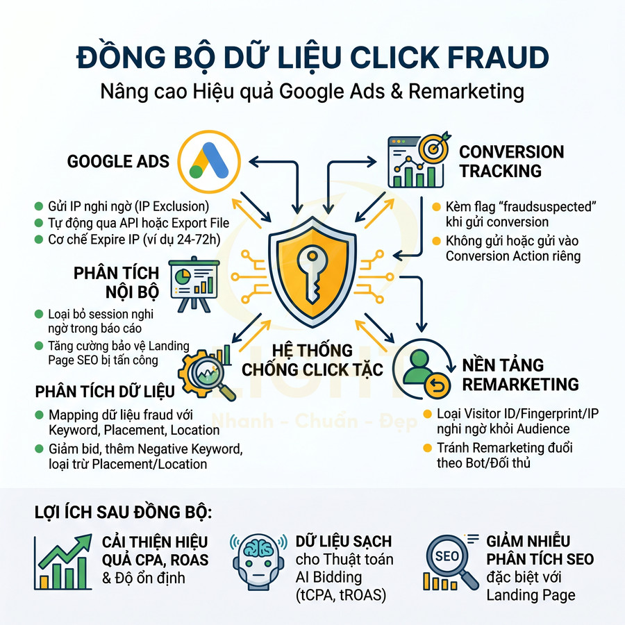 Giải pháp đồng bộ dữ liệu click fraud bảo vệ Google Ads và remarketing, tối ưu chuyển đổi và phân tích SEO