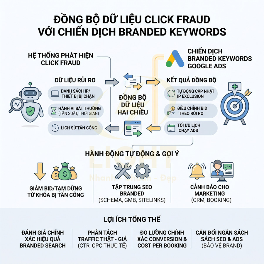 Infographic đồng bộ dữ liệu click fraud với chiến dịch branded keywords Google Ads và các lợi ích cho marketing