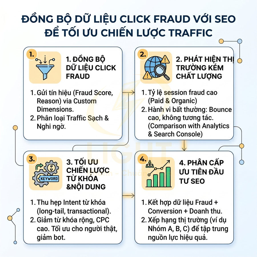 Quy trình đồng bộ dữ liệu click fraud với SEO để tối ưu chiến lược traffic và đầu tư nội dung từ khóa
