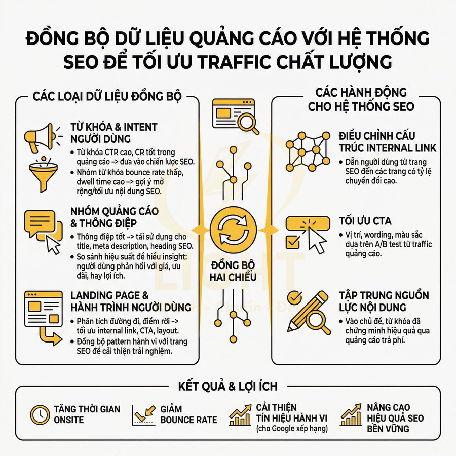 Infographic đồng bộ dữ liệu quảng cáo với hệ thống SEO để tối ưu traffic chất lượng và cải thiện hiệu quả chuyển đổi