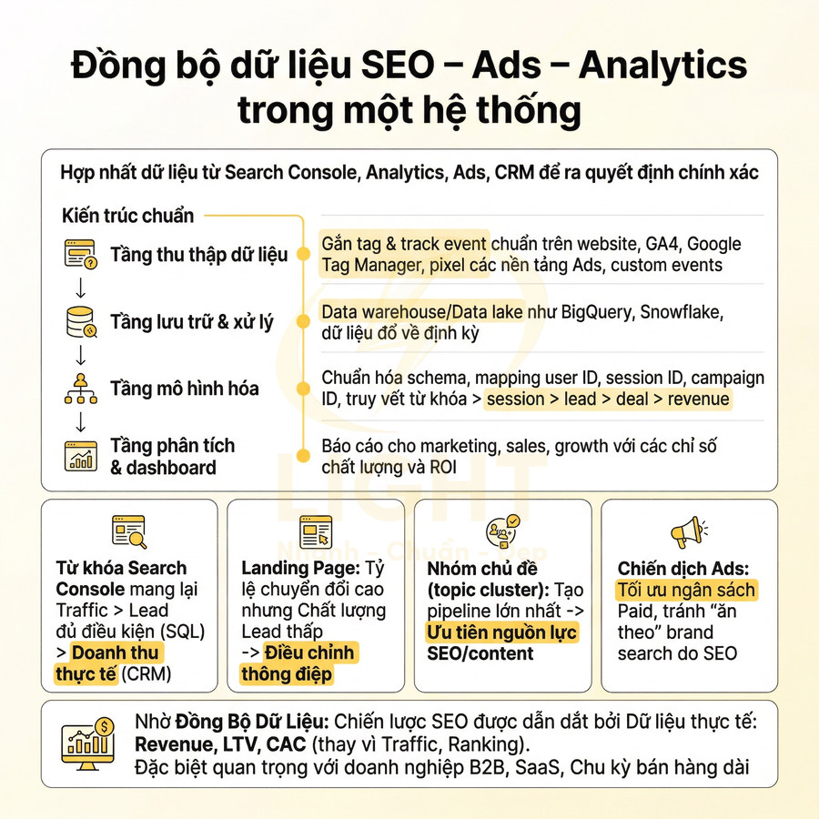 Sơ đồ quy trình đồng bộ dữ liệu SEO Ads Analytics và CRM để tối ưu chiến lược marketing và doanh thu