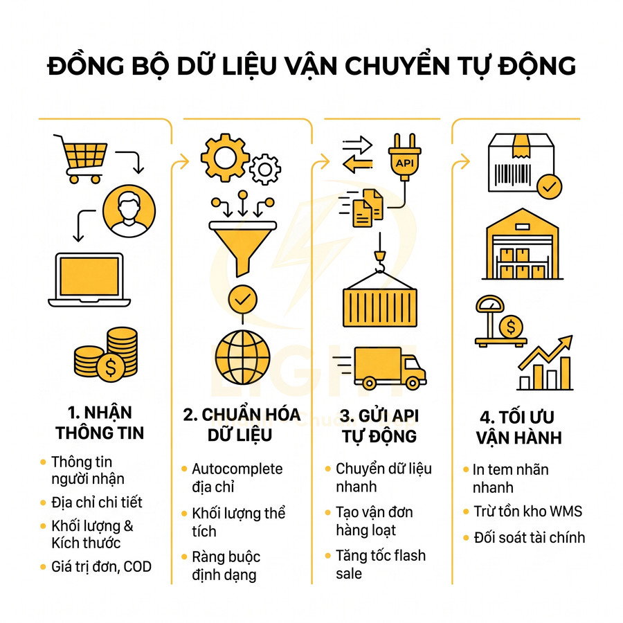 Quy trình đồng bộ dữ liệu vận chuyển tự động với 4 bước từ nhận thông tin đến tối ưu vận hành logistics