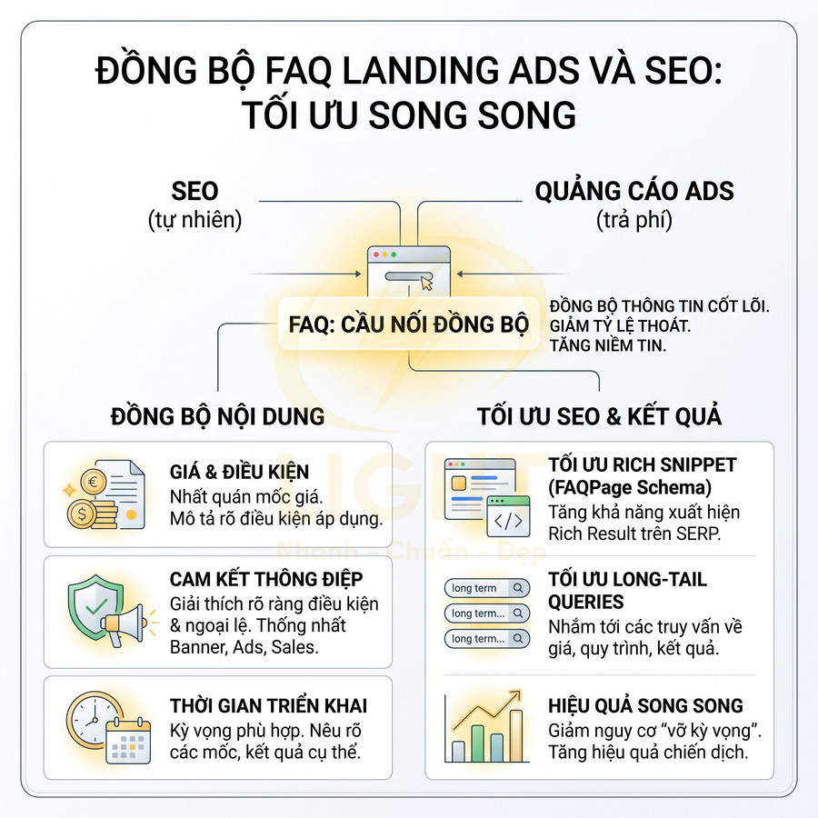 Infographic đồng bộ FAQ giữa landing page quảng cáo và SEO để tối ưu nội dung và tăng hiệu quả chuyển đổi