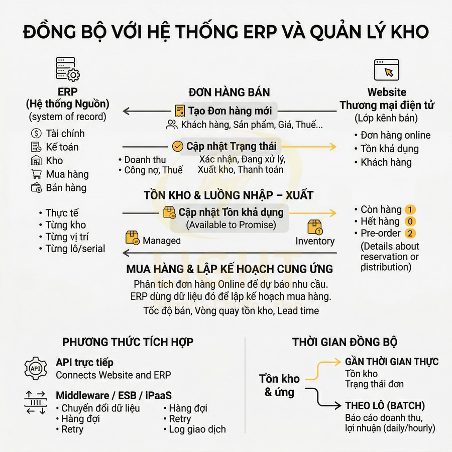 Sơ đồ đồng bộ hệ thống ERP với quản lý kho và website thương mại điện tử, quy trình đơn hàng và tồn kho