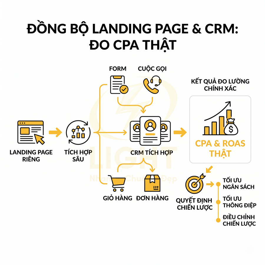 Sơ đồ quy trình đồng bộ landing page và CRM để đo CPA ROAS chính xác và tối ưu chiến lược marketing