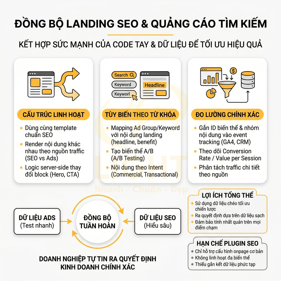 Mô hình đồng bộ landing page SEO và quảng cáo tìm kiếm với cấu trúc linh hoạt, tùy biến từ khóa và đo lường chính xác
