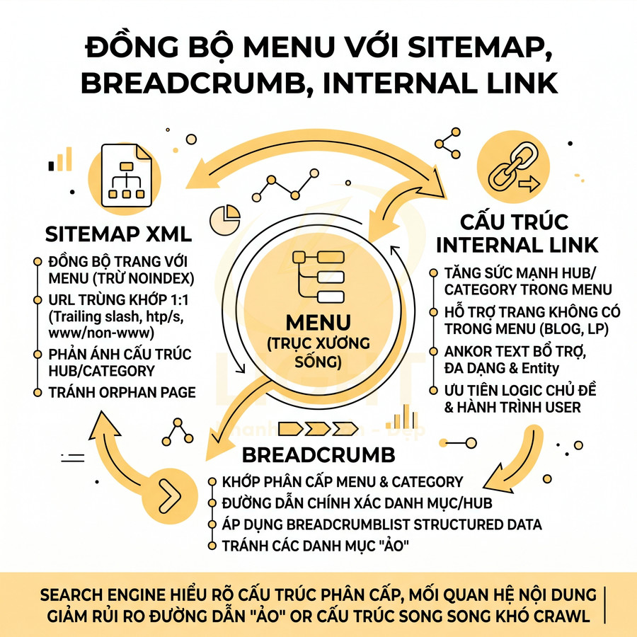Minh họa nguyên tắc đồng bộ menu với sitemap, breadcrumb và internal link để tối ưu cấu trúc website SEO