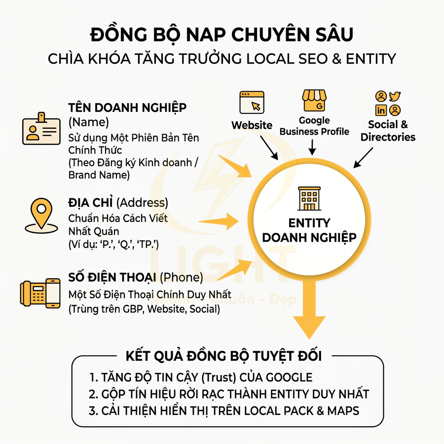 Mô hình đồng bộ NAP doanh nghiệp tối ưu Local SEO và entity trên website, Google Business Profile, social